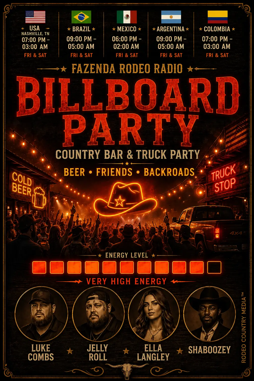 Poster Billboard Party da Fazenda Rodeo Radio inspirado em bares country americanos, truck parties, neon western e noites intensas de sexta e sábado.