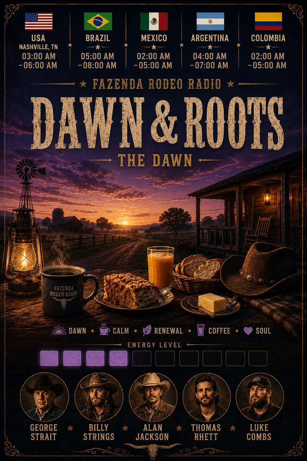 Poster Dawn & Roots da Fazenda Rodeo Radio representando o amanhecer rural americano com atmosfera folk, americana acústica e estradas do interior ao nascer do sol.