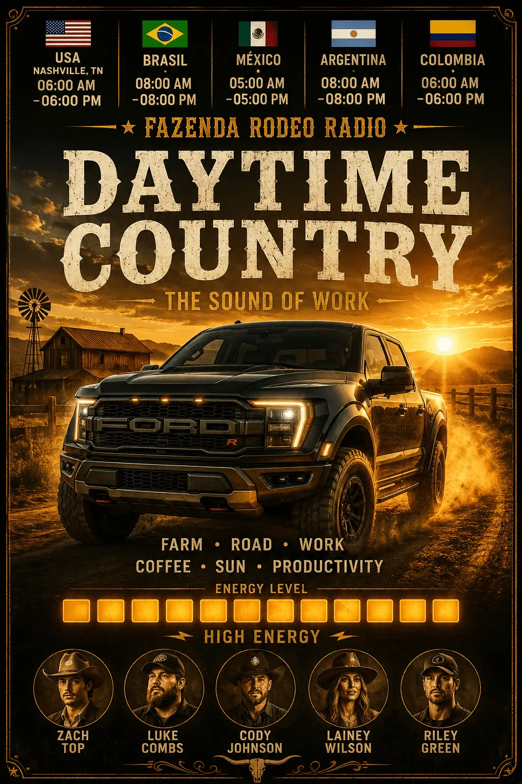 Poster Daytime Country da Fazenda Rodeo Radio com atmosfera de estrada, caminhonetes, vida rural moderna e country contemporâneo inspirado em Nashville.