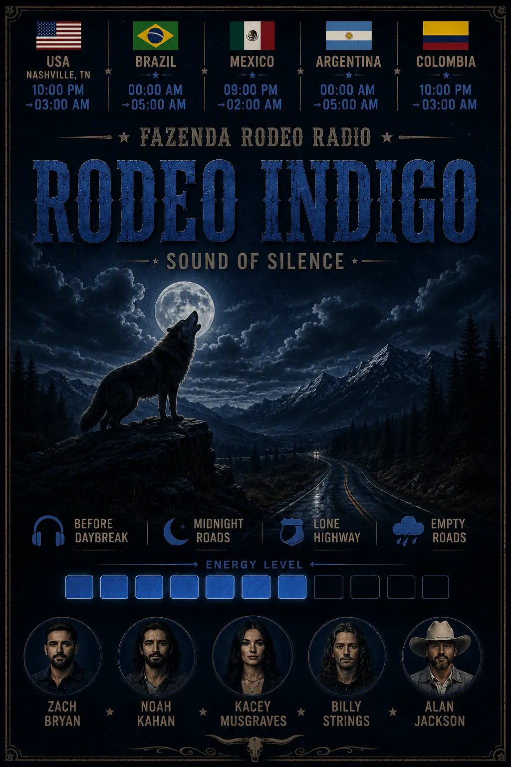 Poster Rodeo Indigo da Fazenda Rodeo Radio representando a madrugada western americana com atmosfera folk contemplativa, estradas vazias e country noturno cinematográfico.