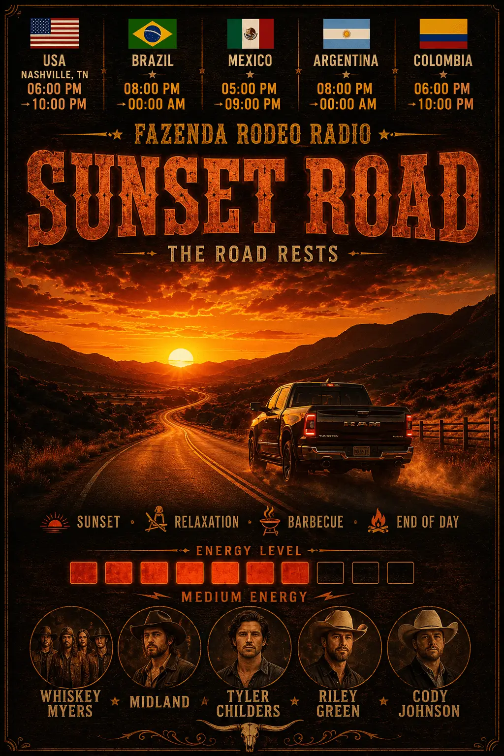 Poster Sunset Road da Fazenda Rodeo Radio com pôr do sol texano, estrada rural e atmosfera western cinematográfica.