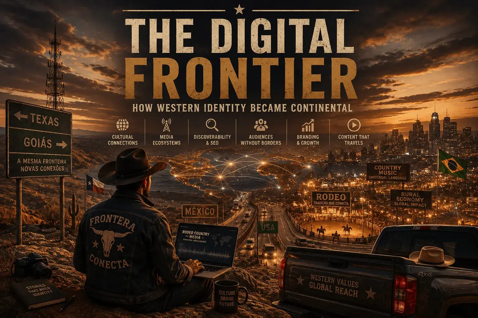 THE DIGITAL FRONTIER How Western Identity Became Continental Ambiente: fronteira México/Texas ou deserto tex-mex cowboy moderno olhando horizonte laptop discreto antenas/torres/luzes urbanas ao fundo estética cinematográfica editorial