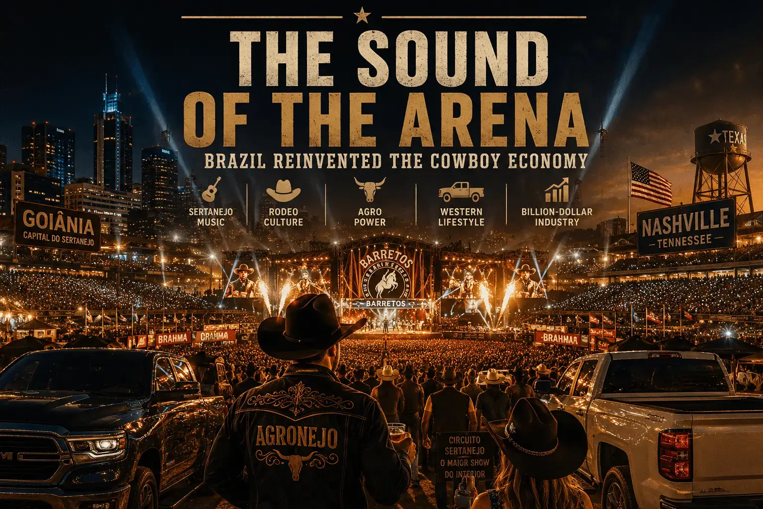 The Arena Built a New Cowboy Economy

A convergência:

rodeio
sertanejo
country
agronegócio
lifestyle western
Goiânia/Nashville energy

mega arena noturna
show sertanejo/country
multidão western
pickup trucks premium
luzes cinematográficas
atmosfera “agronejo luxury”
palco gigante estilo arena country
cowboy hats western fashion
trucks
 luz dourada/cobre
sensação de movimento econômico
 visual “neo-western Brazil”