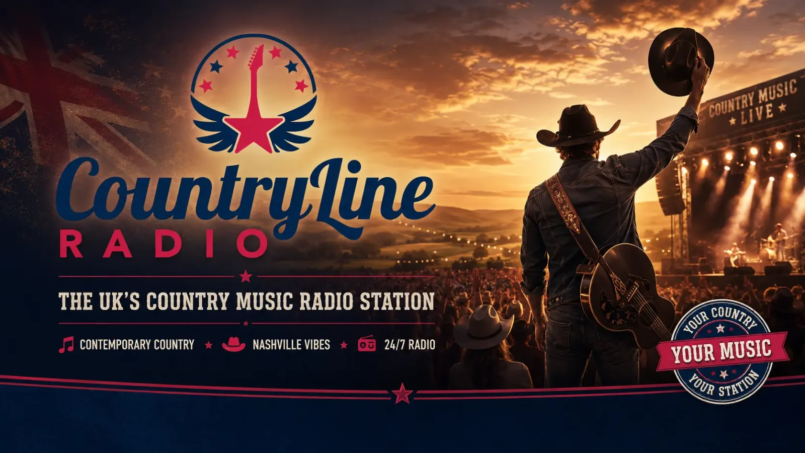 CountryLine Radio banner featuring a country music concert and contemporary country branding